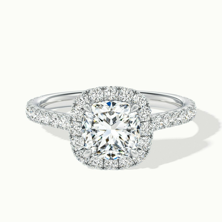 Jini 2 Carat Cushion Cut Halo Pave Moissanite Diamond Ring in Platinum