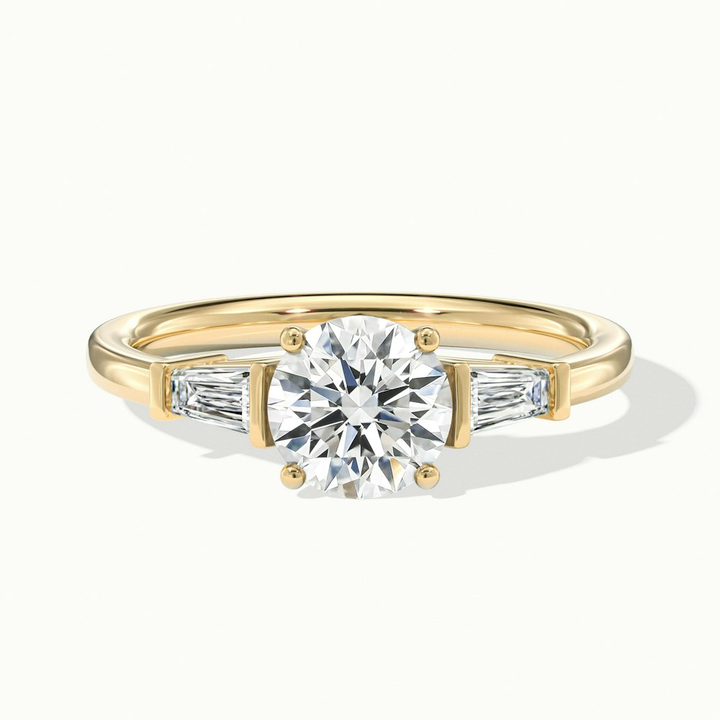 Carly 3 Carat Round 3 Stone Lab Grown Engagement Ring With Side Baguette Diamonds in 10k Yellow Gold