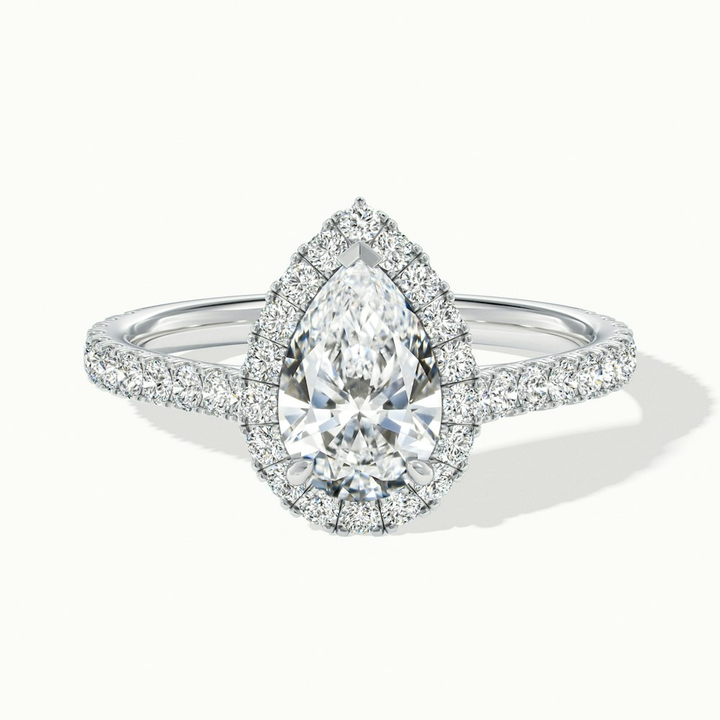 Cindy 3 Carat Pear Shaped Halo Moissanite Diamond Ring in 14k White Gold