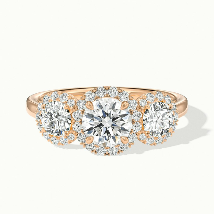 Emma 2 Carat Three Stone Round Halo Moissanite Engagement Ring in 10k Rose Gold