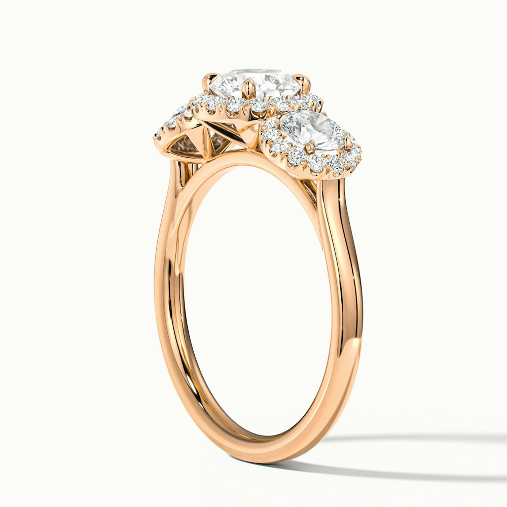 Emma 2 Carat Three Stone Round Halo Moissanite Engagement Ring in 10k Rose Gold