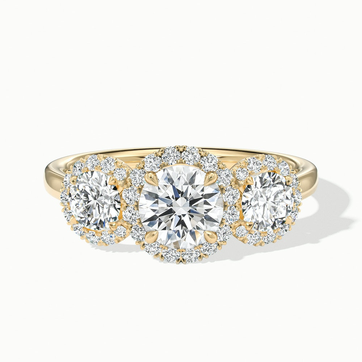 Emma 3 Carat Three Stone Round Halo Moissanite Engagement Ring in 10k Yellow Gold