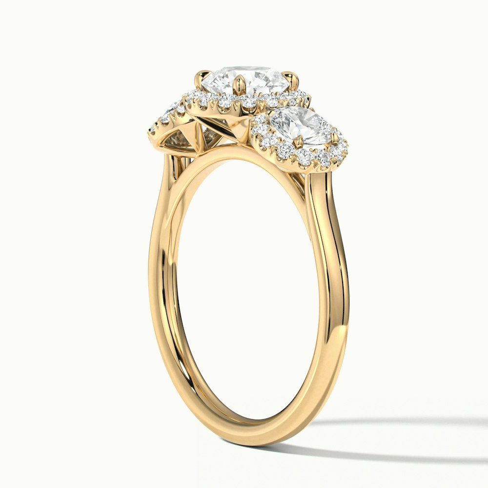 Flora 2 Carat Three Stone Round Halo Lab Grown Diamond Ring in 14k Yellow Gold