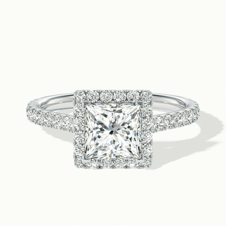 Rose 2 Carat Princess Halo Pave Moissanite Engagement Ring in 14k White Gold